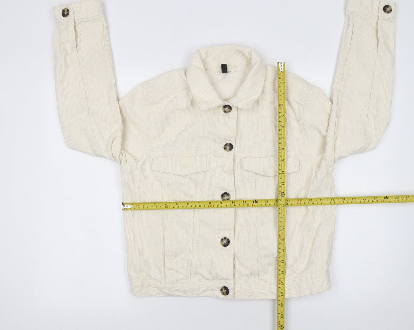 H&M Women Ivory Corduroy Basic Jacket Size M Button-Up Casual