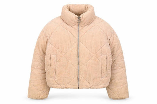 Topshop Women Beige Corduroy Puffer Jacket Size 8 Quilted Cropped