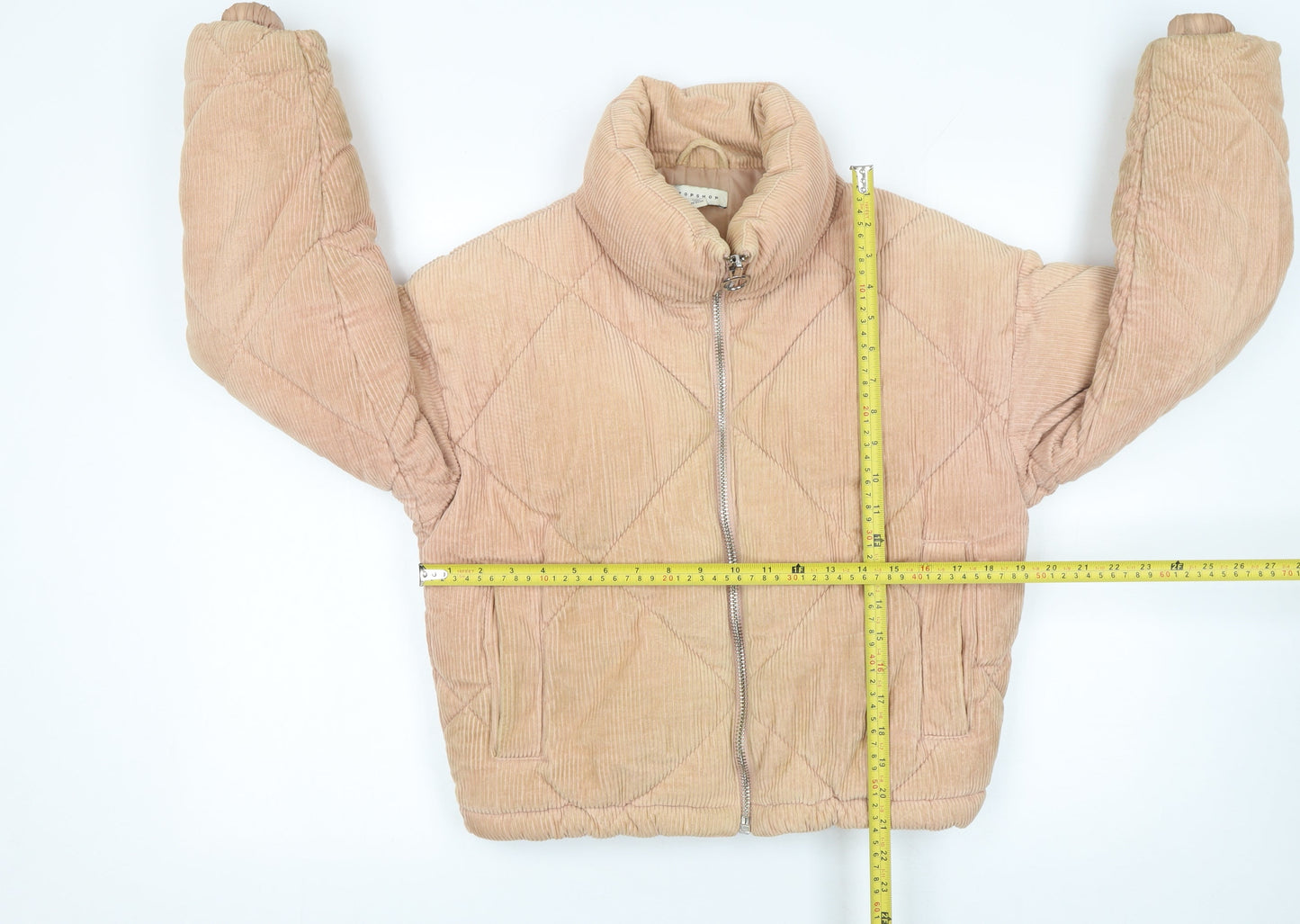 Topshop Women Beige Corduroy Puffer Jacket Size 8 Quilted Cropped