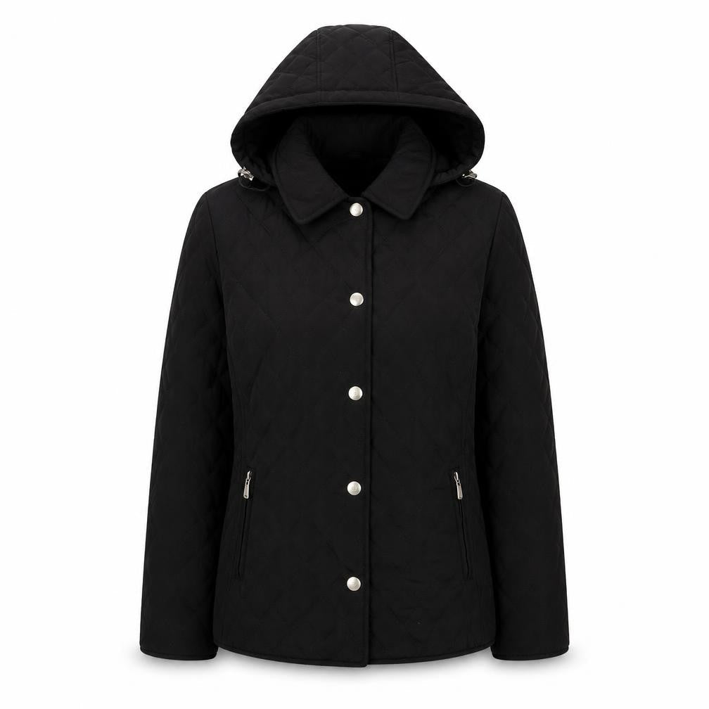 Portrait Womens Black Quilted Hooded Mid-Length Jacket Size 12