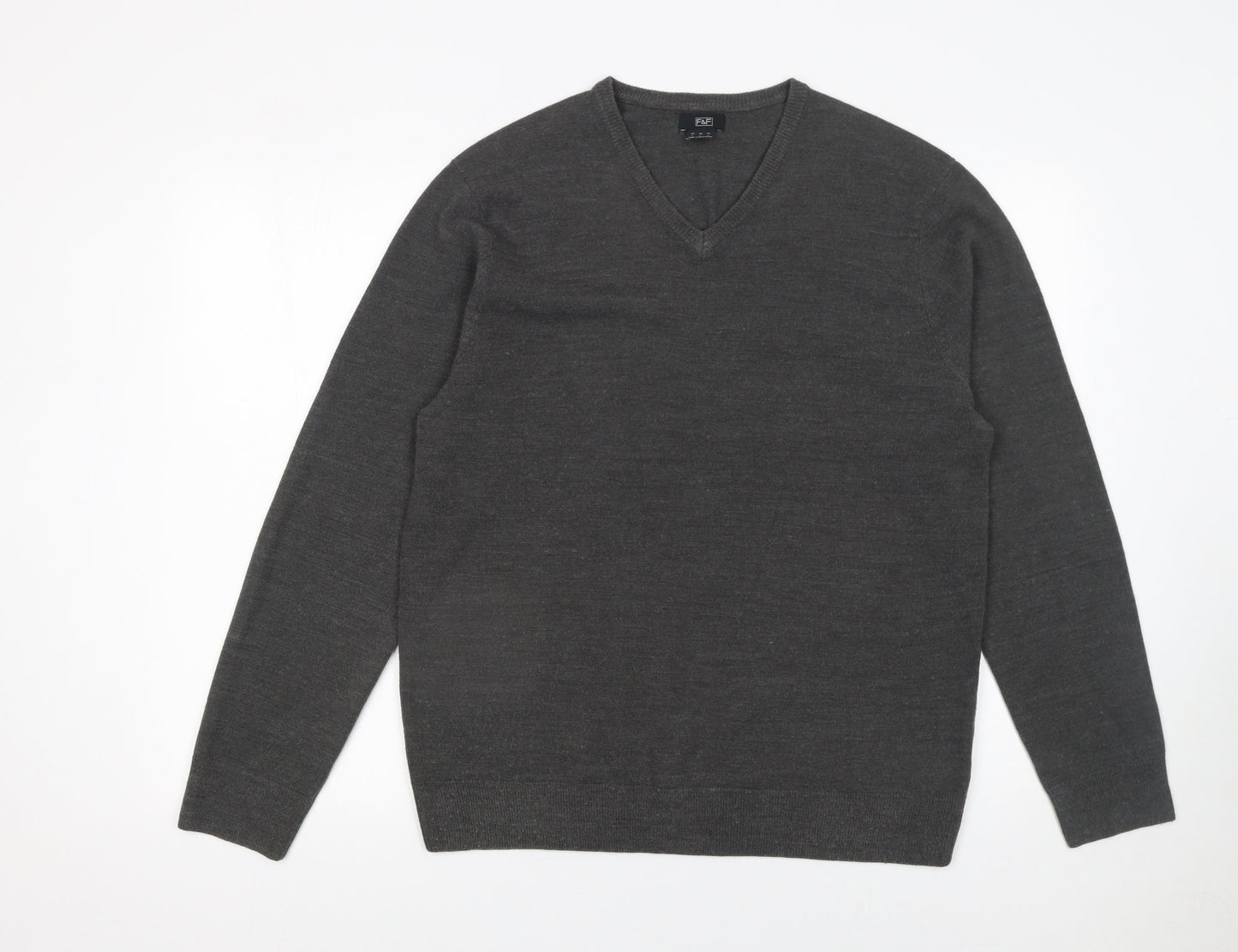 F&F Men's Grey Acrylic V-Neck Pullover Jumper Size L