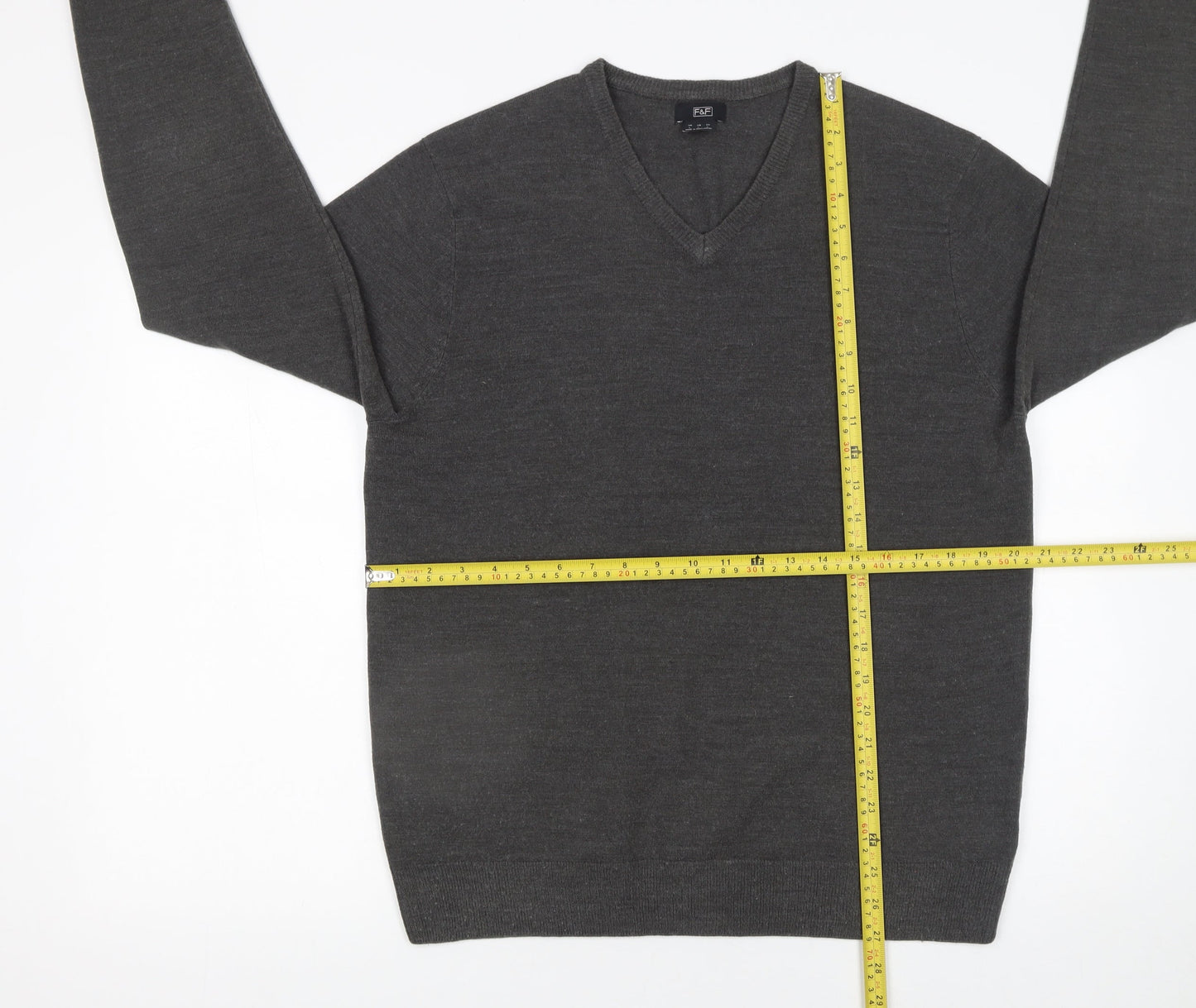 F&F Men's Grey Acrylic V-Neck Pullover Jumper Size L