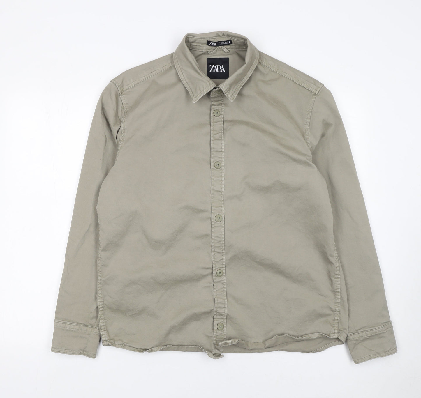 Zara Men's Beige Cotton Long Sleeve Button-Up Shirt Size L