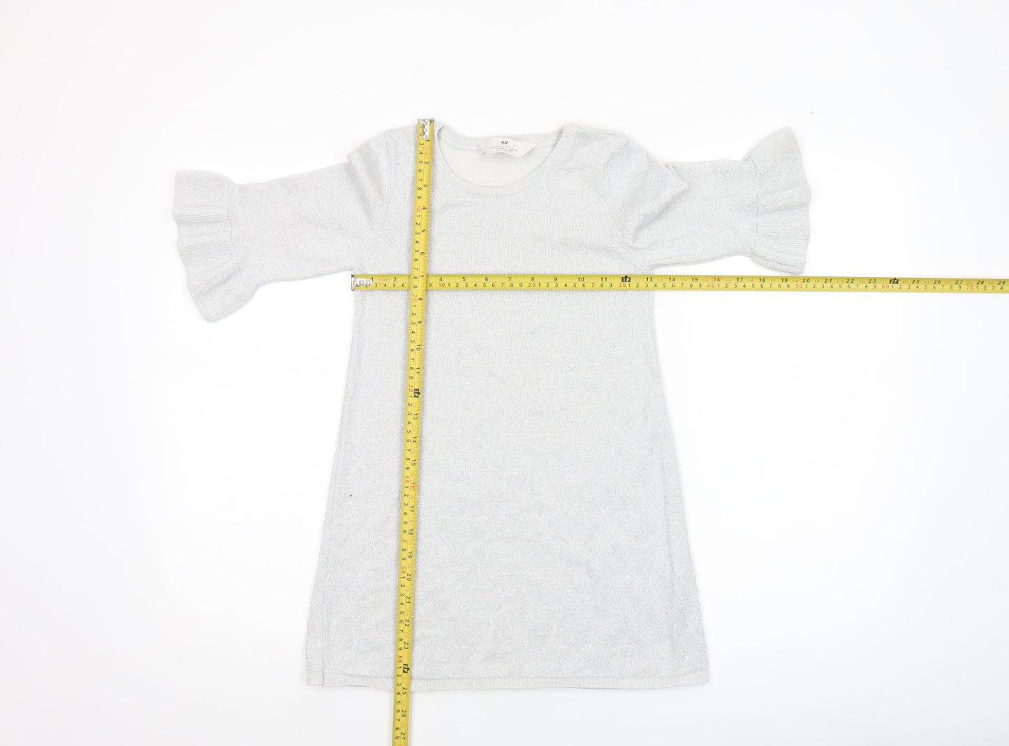 H&M Girls Silver Knit Ruffle Sleeve Shift Dress 7-8 Years