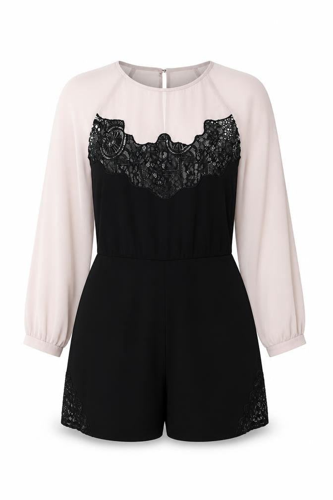 Warehouse Women Beige Black Lace Panel Long Sleeve Playsuit UK14
