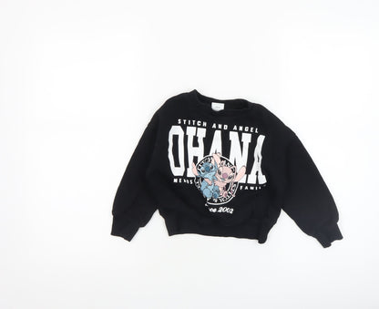 Front view of Disney girls’ black stitch & angel ohana pullover sweatshirt 4-5 years