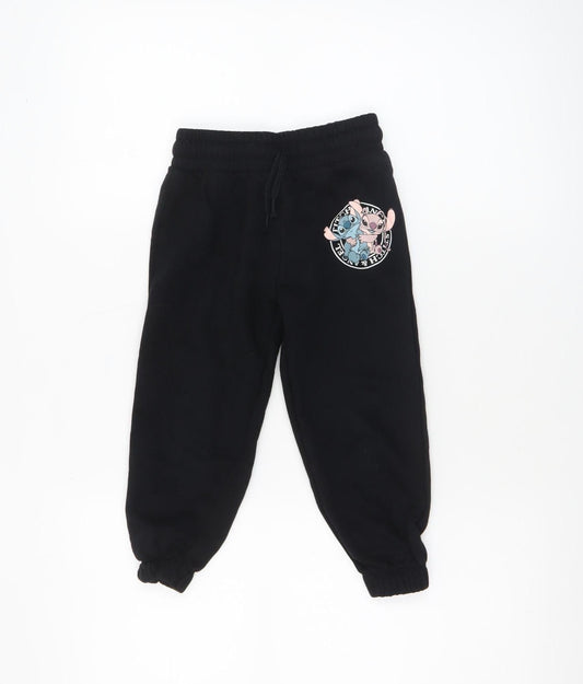 Disney Girls Black Lilo & Stitch Jogger Trousers 4-5 Years Cotton Fleece