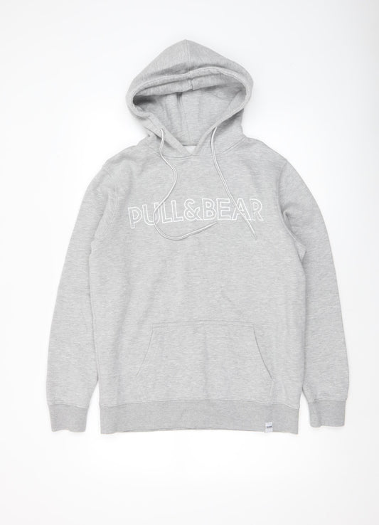 Pull & Bear Men’s Grey Small Pullover Hoodie with Logo Detail