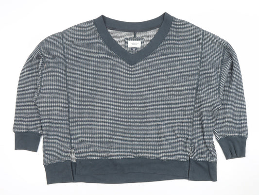 American Eagle Women Grey Textured V-Neck Pullover Sweatshirt M