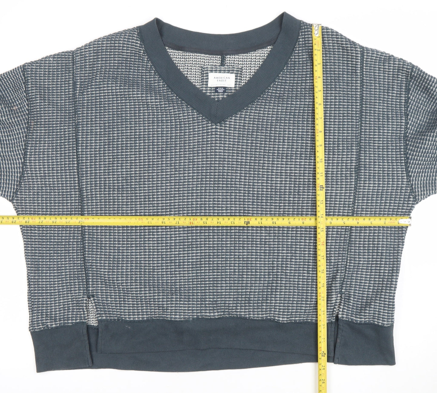 American Eagle Women Grey Textured V-Neck Pullover Sweatshirt M
