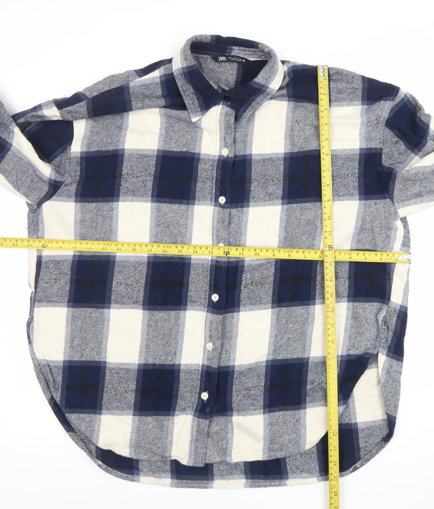 ZARA Women Blue Check Flannel Cotton Long Sleeve Button-Up Shirt Size 12