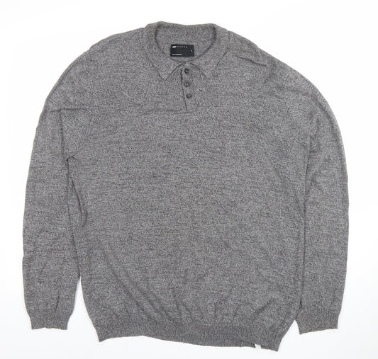 ASOS Men's Grey Cotton Collared Henley Jumper M Long Sleeve