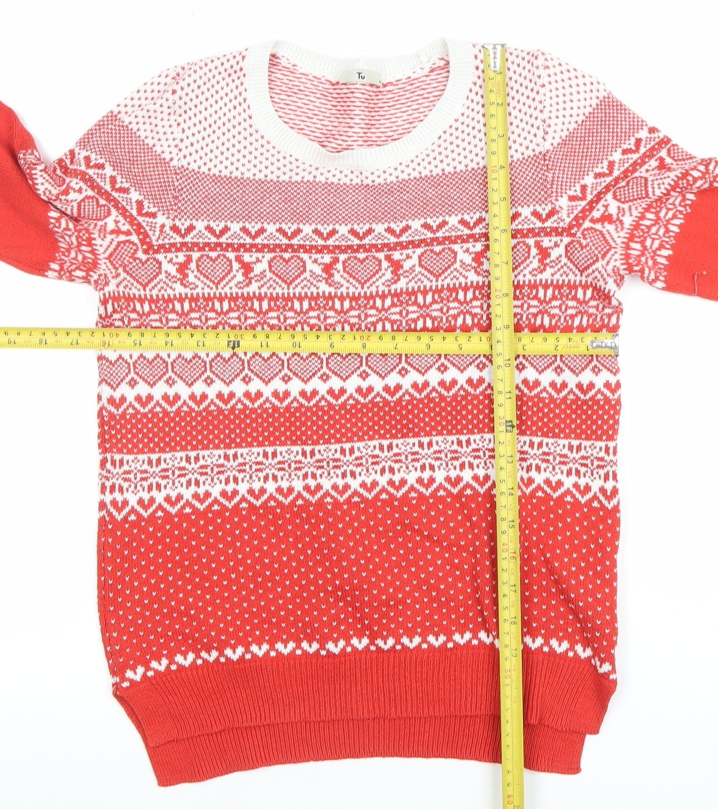 Tu Womens Red White Fair Isle Heart Jumper Size 10 Cotton Blend