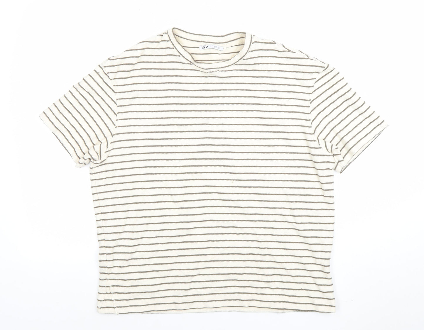Zara Womens Ivory Striped Cotton Blend Short Sleeve T-Shirt S