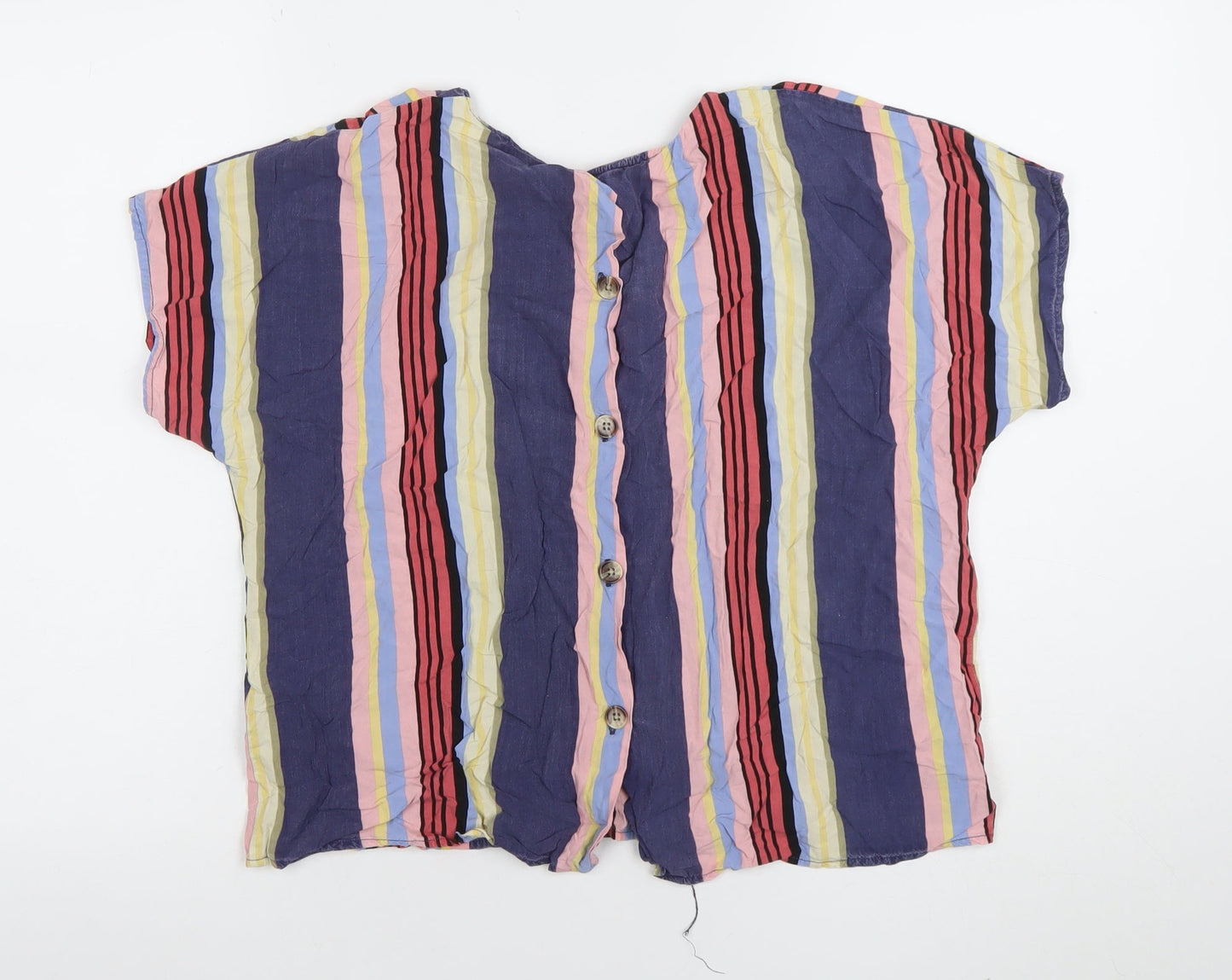 Warehouse Women’s Multicoloured Striped Button-Up Short Sleeve Top Size 12