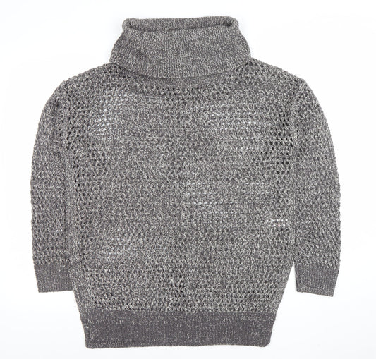 Papaya Women’s Grey Roll Neck Open-Knit Jumper Size M