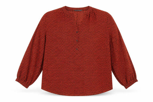 Front view of Dunnes Women’s Orange Geometric Long Sleeve Tunic Blouse, size XL
