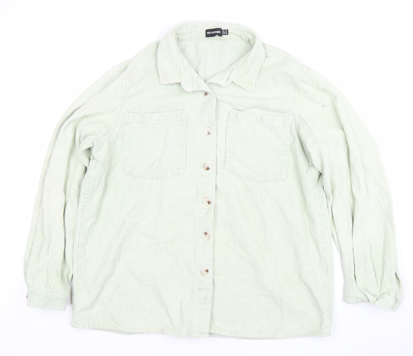 PrettyLittleThing Women Green Corduroy Shirt Jacket Size 10 Cotton