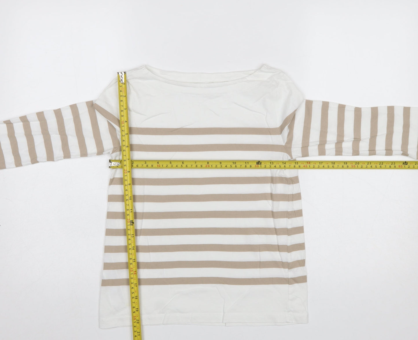 MNG Womens Beige Striped 3/4 Sleeve Boat Neck Cotton T-Shirt Size S
