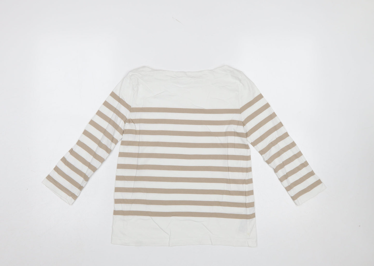 MNG Womens Beige Striped 3/4 Sleeve Boat Neck Cotton T-Shirt Size S