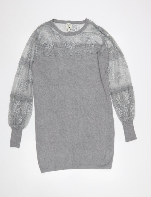 Yumi Women’s Grey Knit Lace Jumper Dress M Long Sleeve Crew Neck