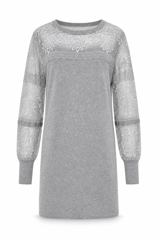 Yumi Women’s Grey Knit Lace Jumper Dress M Long Sleeve Crew Neck