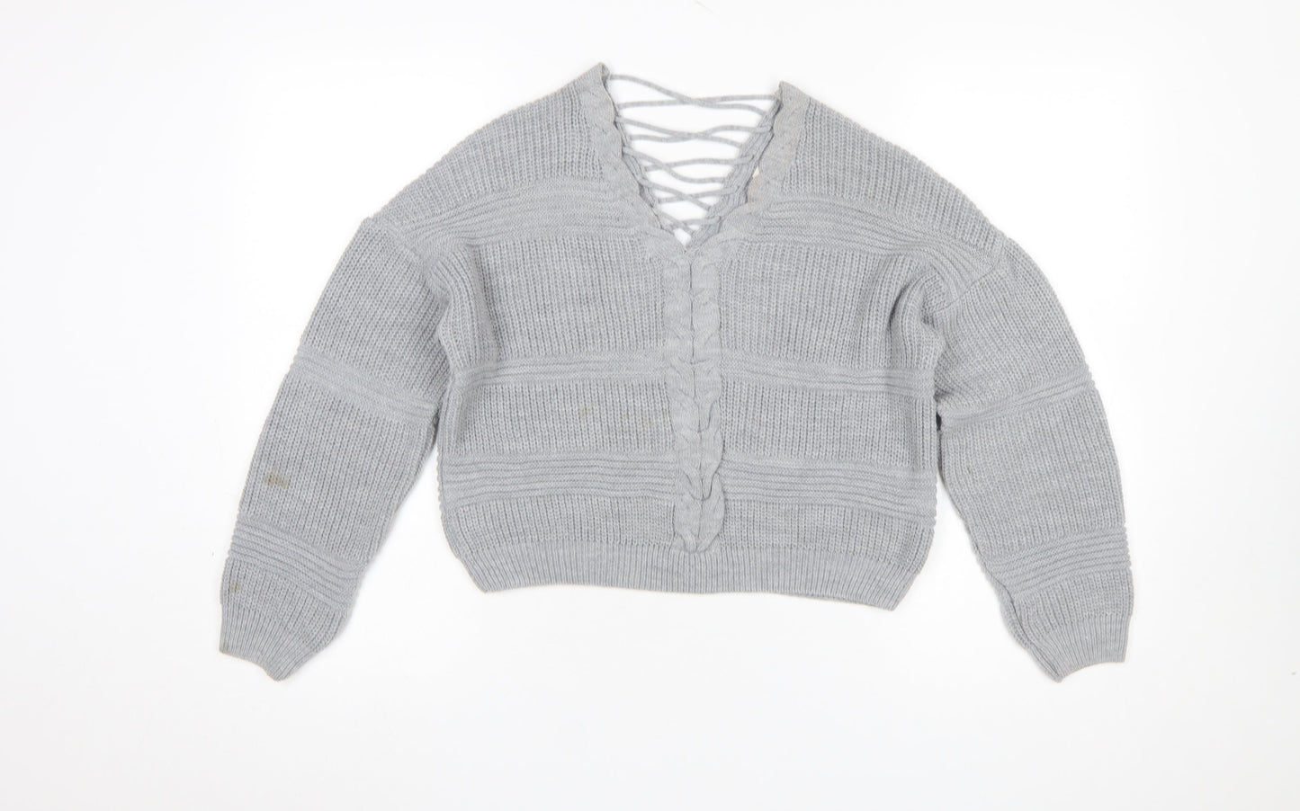 Miss Selfridge Women Grey V-Neck Cable-Knit Pullover Jumper Size 8