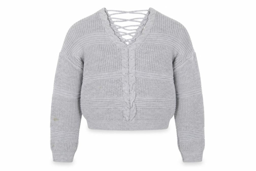 Miss Selfridge Women Grey V-Neck Cable-Knit Pullover Jumper Size 8