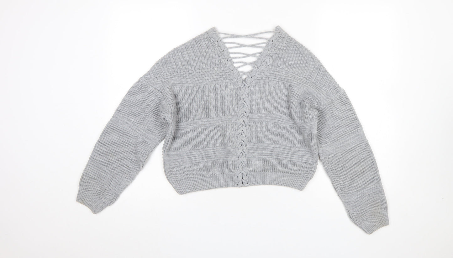 Miss Selfridge Women Grey V-Neck Cable-Knit Pullover Jumper Size 8