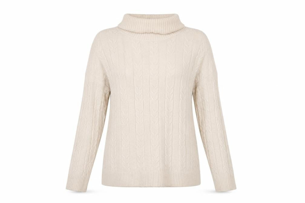Country Casuals Women Beige Roll Neck Cable-Knit Jumper L/XL