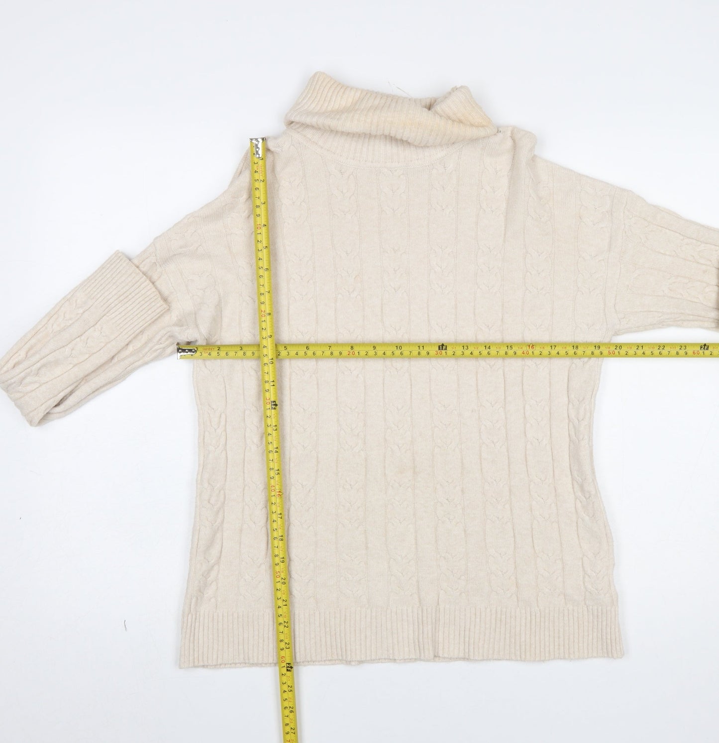 CC Fashion Women Beige Roll Neck Cable-Knit Jumper L/XL