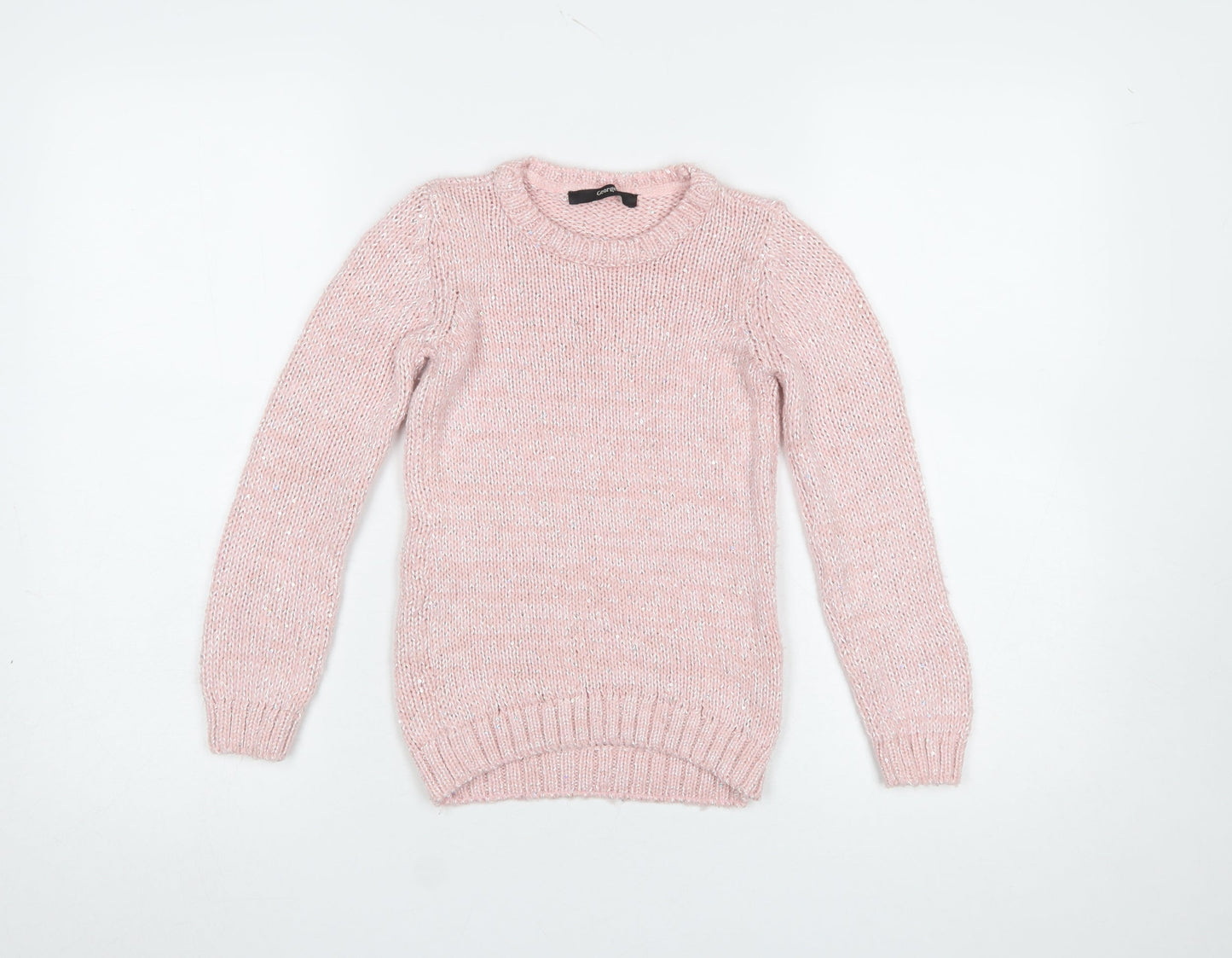 George Girls Pink Knit Jumper 7-8 Years Long Sleeve Crew Neck Soft Blend