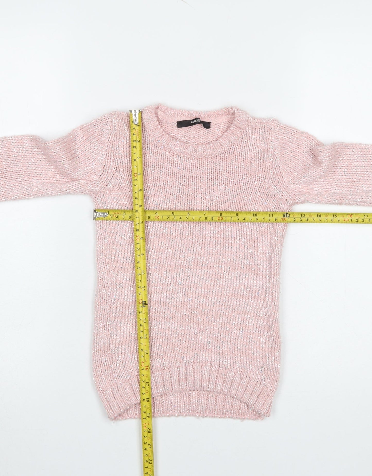 George Girls Pink Knit Jumper 7-8 Years Long Sleeve Crew Neck Soft Blend