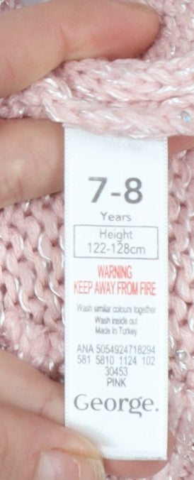 George Girls Pink Knit Jumper 7-8 Years Long Sleeve Crew Neck Soft Blend