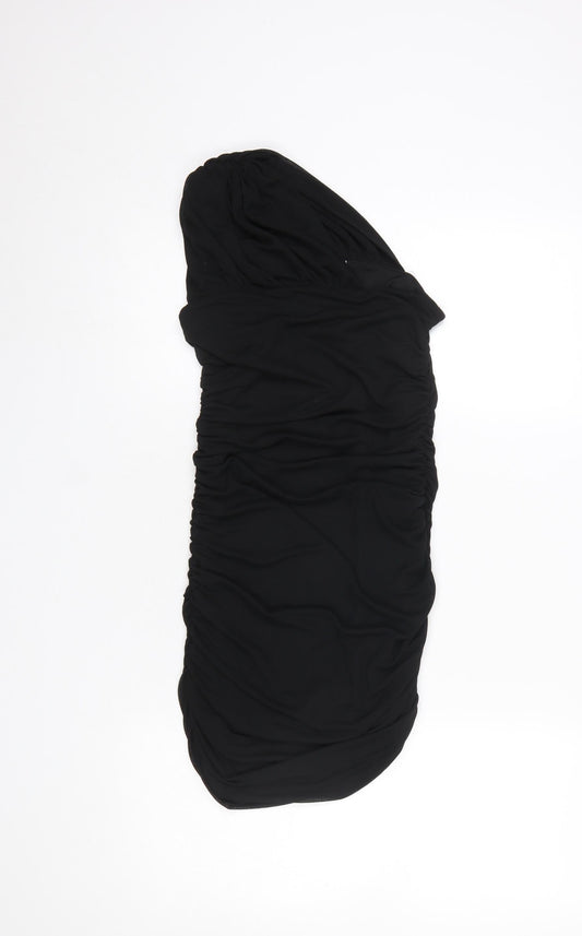 Zara Women Black S One Shoulder Ruched Bodycon Short Dress