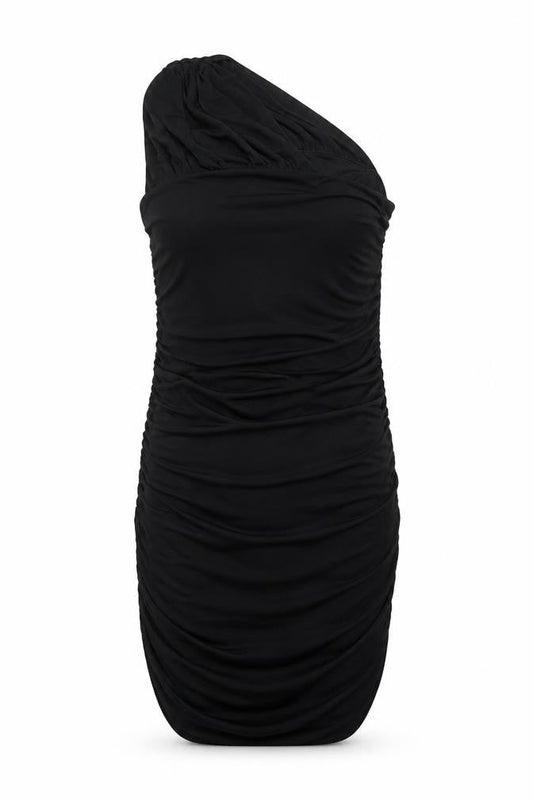 Zara Women Black S One Shoulder Ruched Bodycon Short Dress