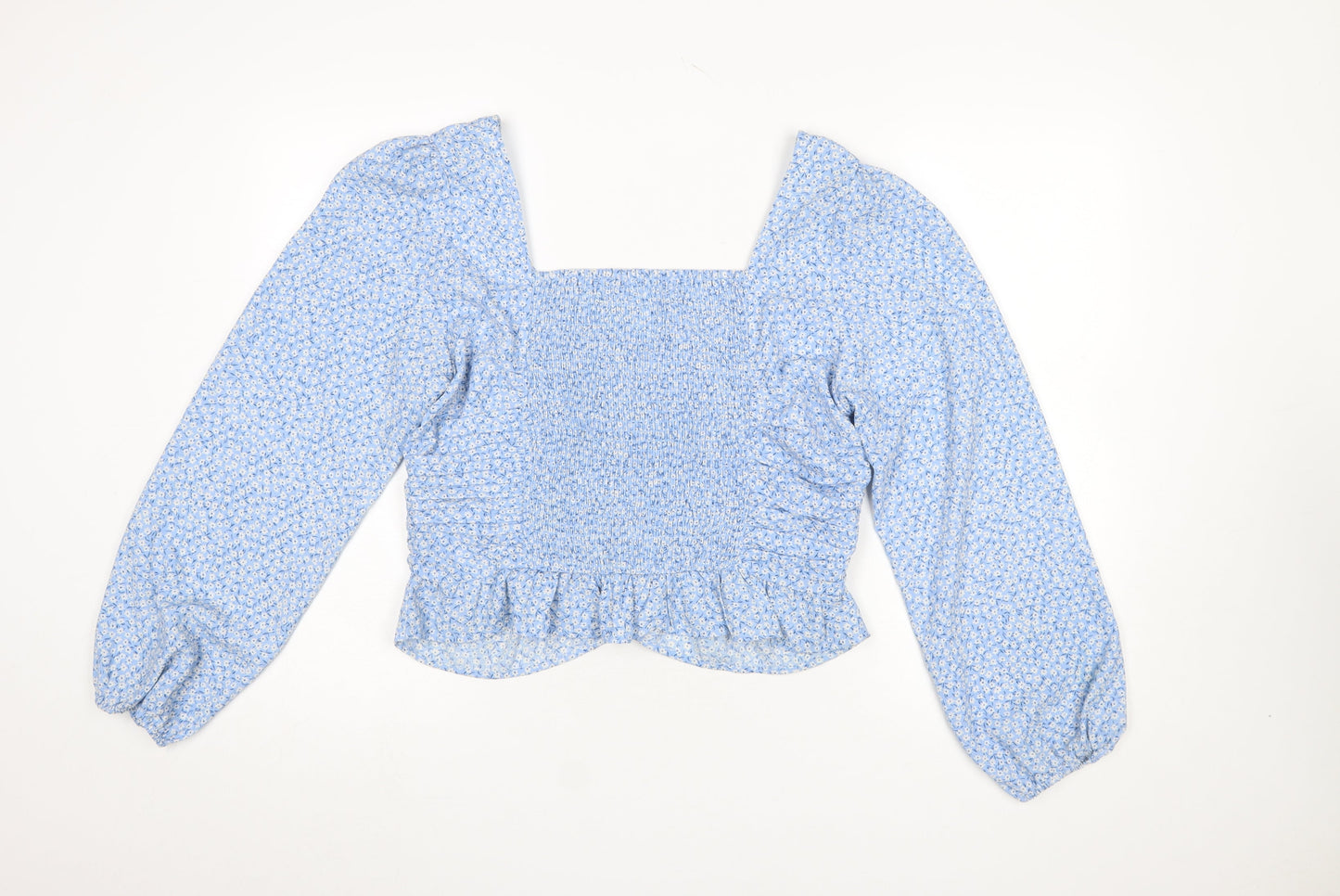 H&M Women’s Blue Floral Cropped Blouse Size L Long Sleeve Boho