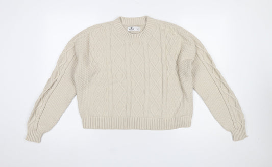 Hollister Womens Beige Cable-Knit Crew Neck Cotton Jumper Size S