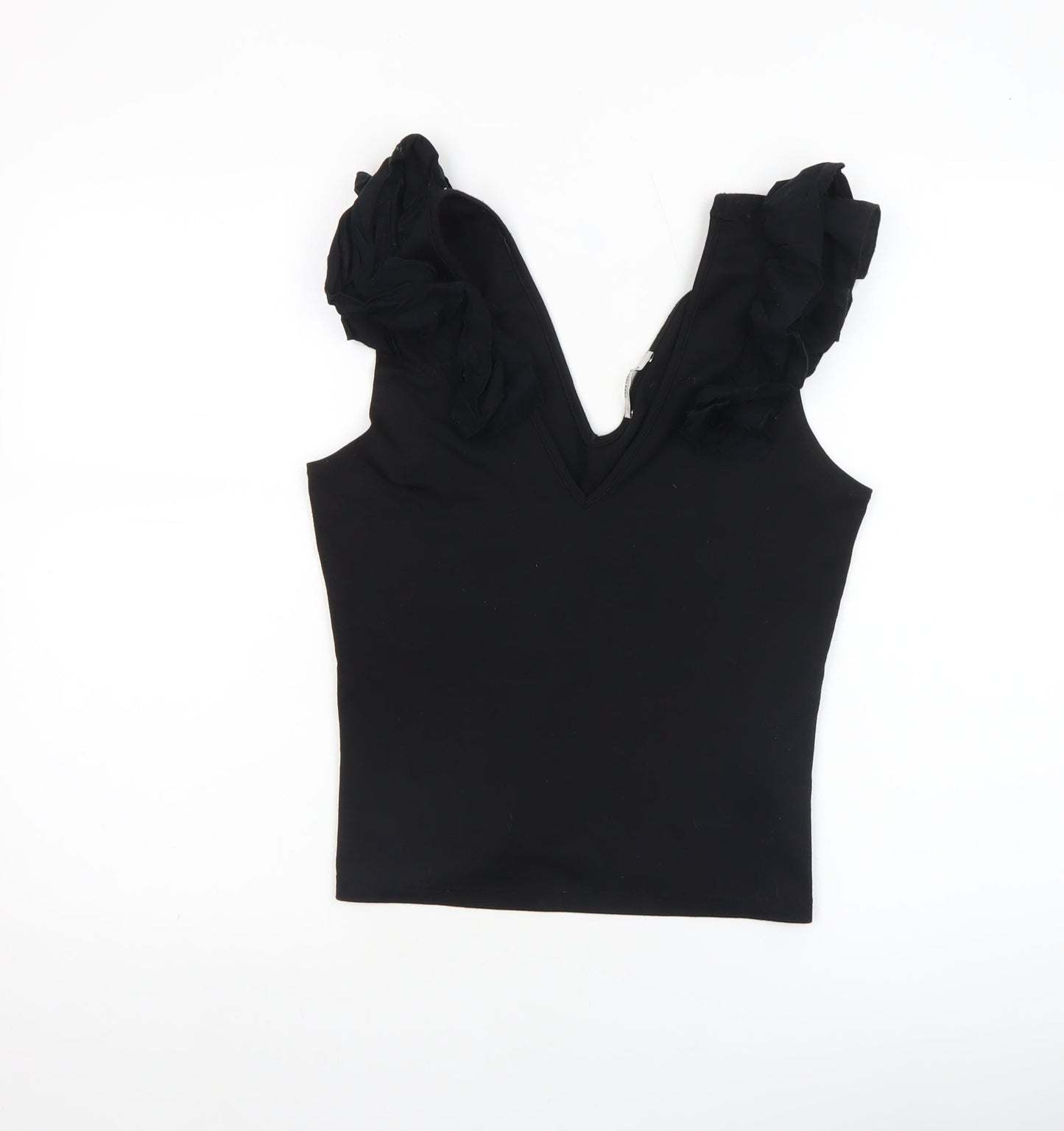 Zara Trafaluc Women’s Black Ruffle Sleeve V-Neck Camisole Tank Top Size S