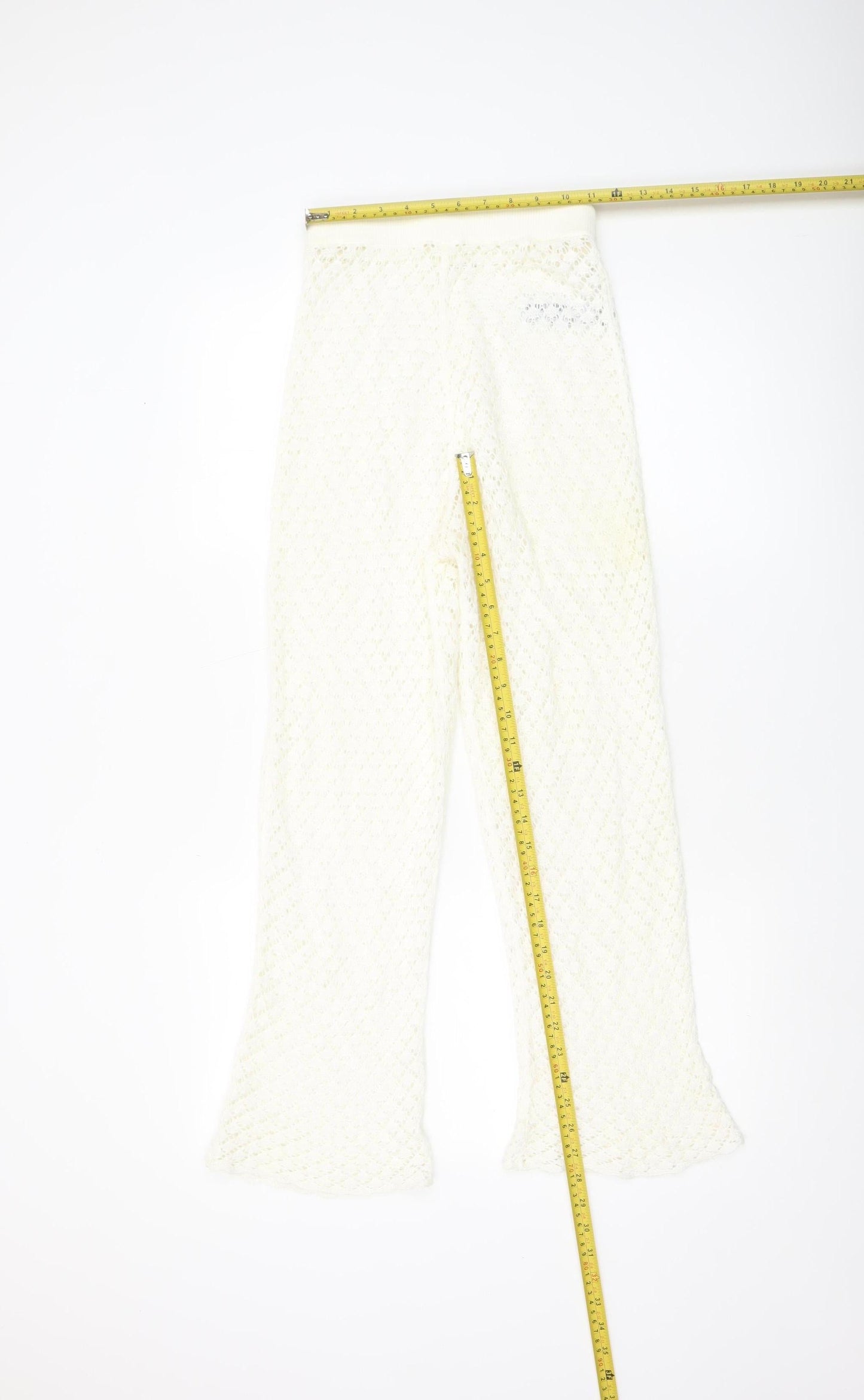 Oysho Women Ivory XS Crochet Cotton Flared Trousers