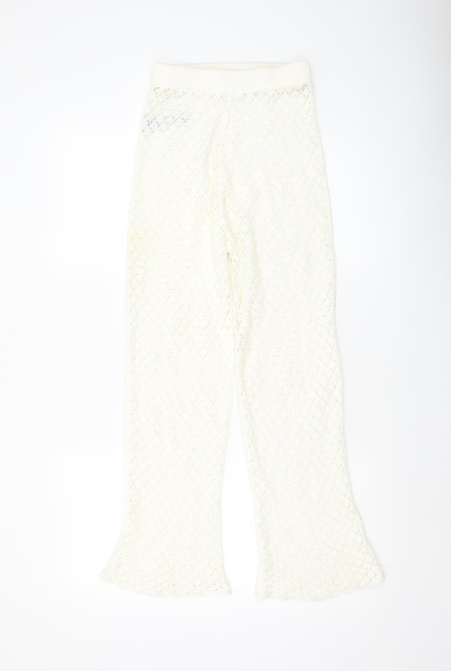 Oysho Women Ivory XS Crochet Cotton Flared Trousers