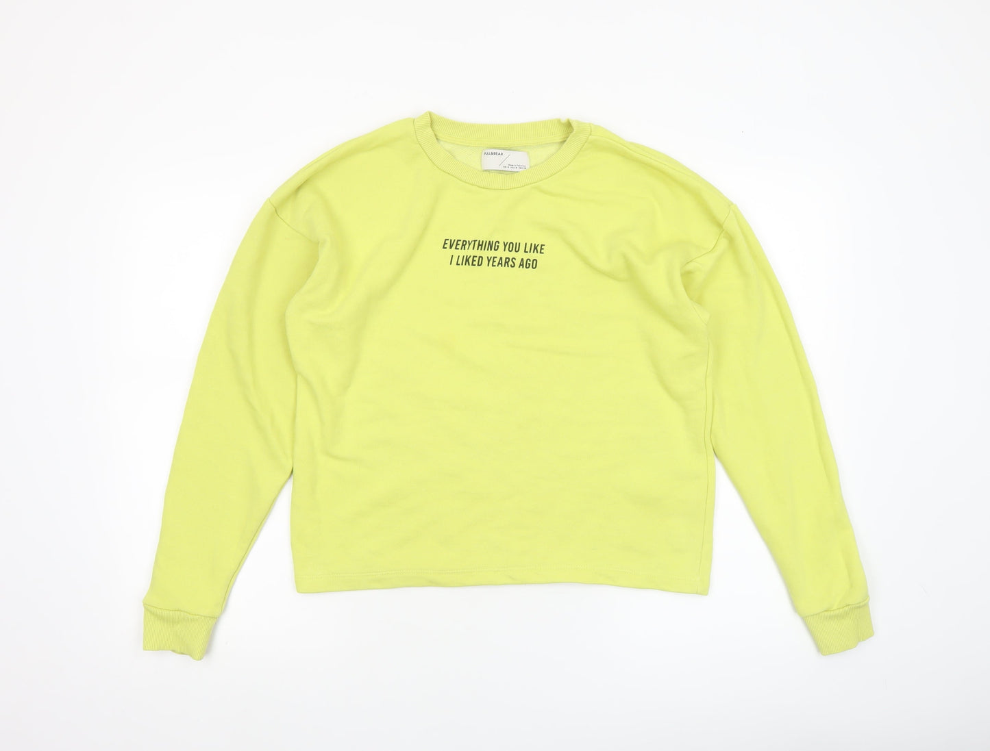 Pull & Bear Womens Yellow Cotton Sweatshirt Size S Crew Neck Graphic Print
