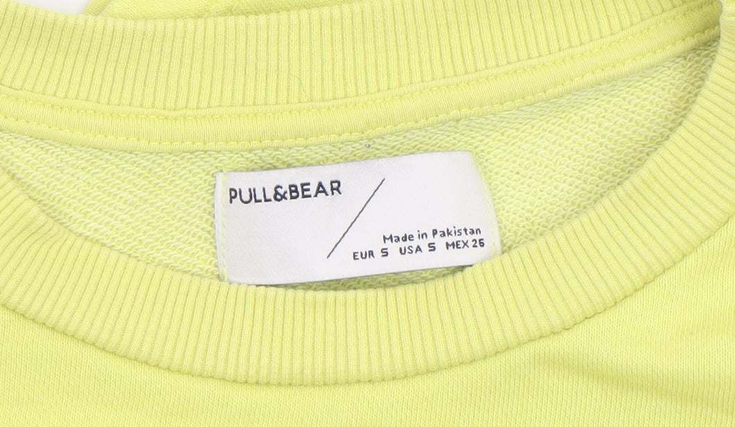 Pull & Bear Womens Yellow Cotton Sweatshirt Size S Crew Neck Graphic Print