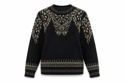 Front view of Gallery women’s black gold knit crew neck jumper, size L
