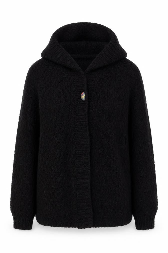 Heart Womens Black Chunky-Knit Hooded Cardigan M/L Acrylic