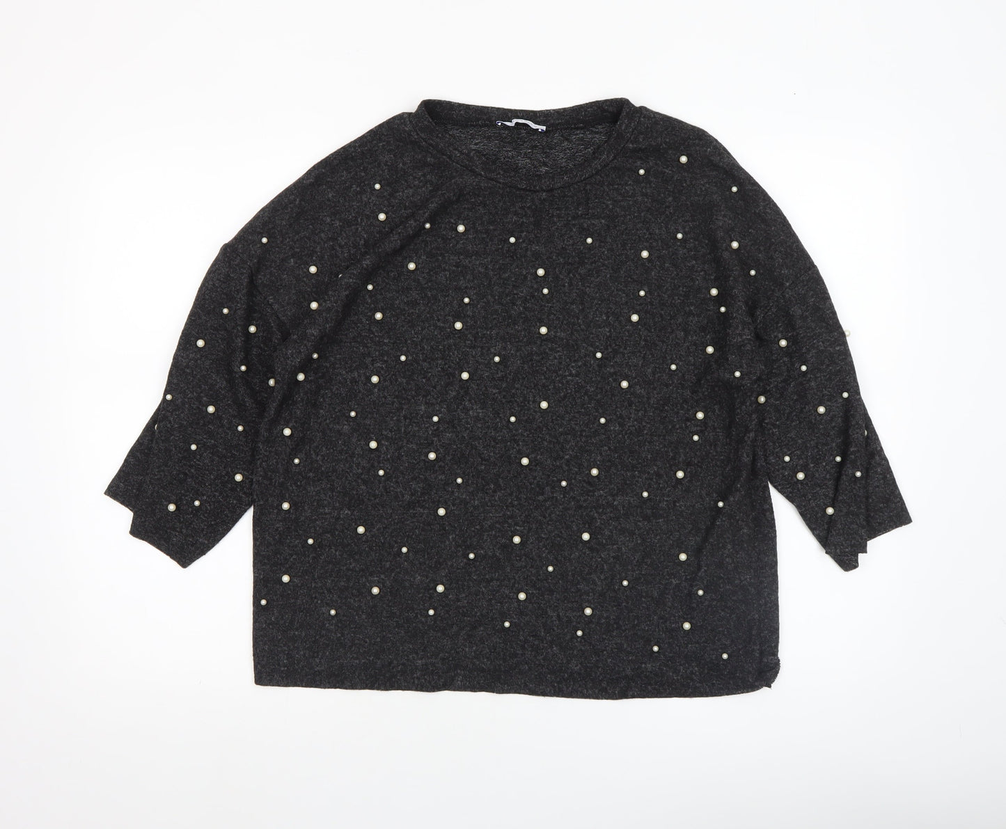 Zara Women Black Beaded Tunic Blouse Size S 3/4 Sleeve Knit Stretch Top