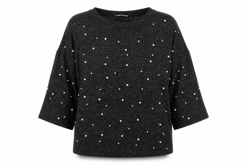 Zara Women Black Beaded Tunic Blouse Size S 3/4 Sleeve Knit Stretch Top