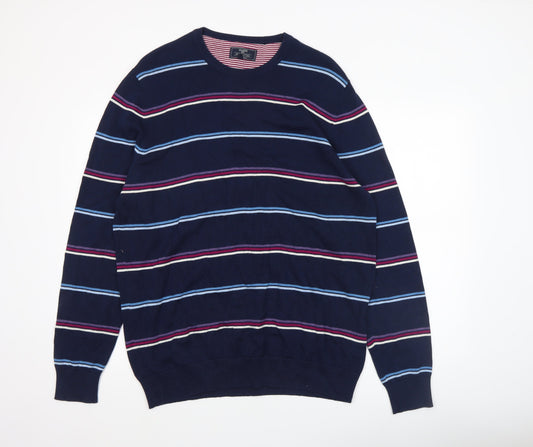 Atlantic Bay Men's Blue Striped Cotton Crew Neck Jumper XL
