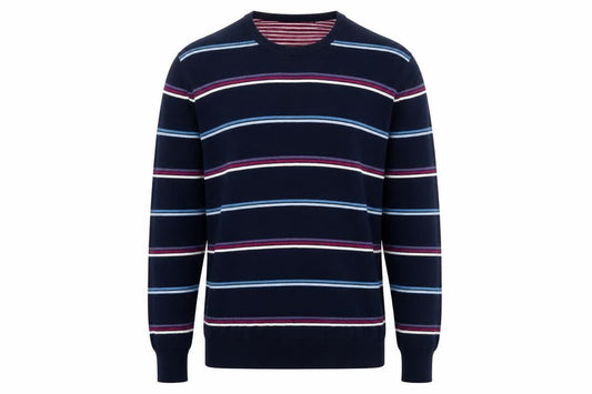 Front view of Atlantic Bay Men's Blue Striped Cotton Crew Neck Jumper XL