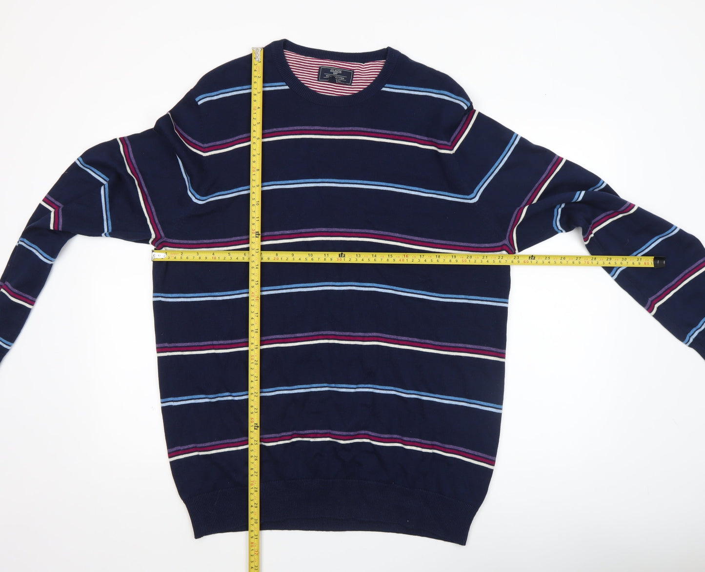 Atlantic Bay Men's Blue Striped Cotton Crew Neck Jumper XL